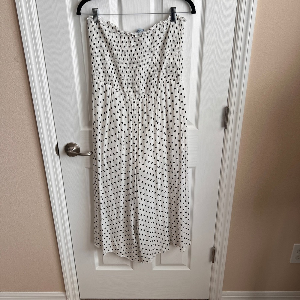 She and Sky Smocked Jumpsuit Polka Dot‎ Strapless Wide Leg White Black L